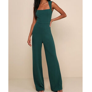 LULU'S XXS Green Square Neck Enticing Endeavor Emerald Sleeveless Jumpsuit b162